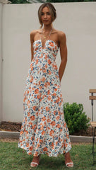 Orange Floral Foliage Halter Maxi Dress