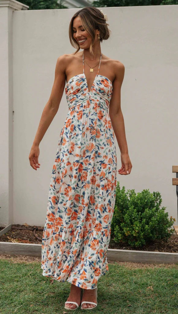 Orange Floral Foliage Halter Maxi Dress