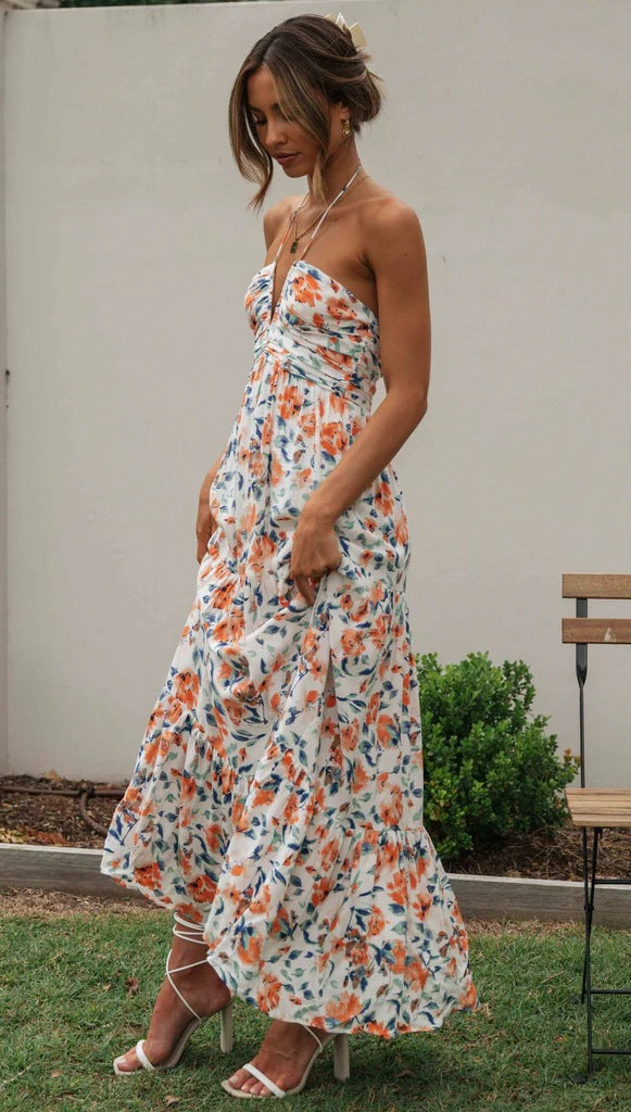 Orange Floral Foliage Halter Maxi Dress