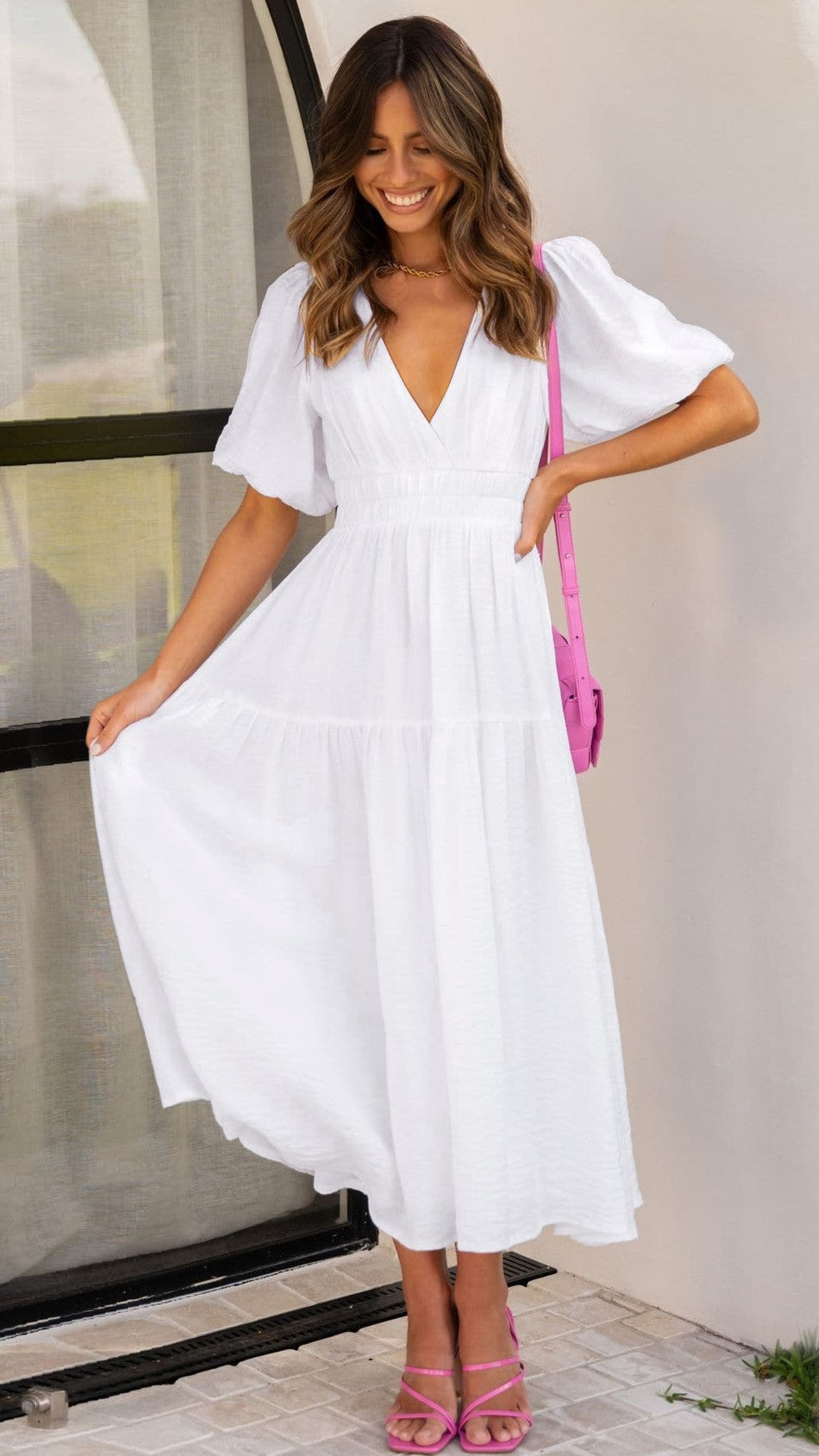 White Deep V Neckline Tiered Midi Dress