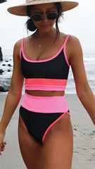 Black Color Block Sports Tank Bikini