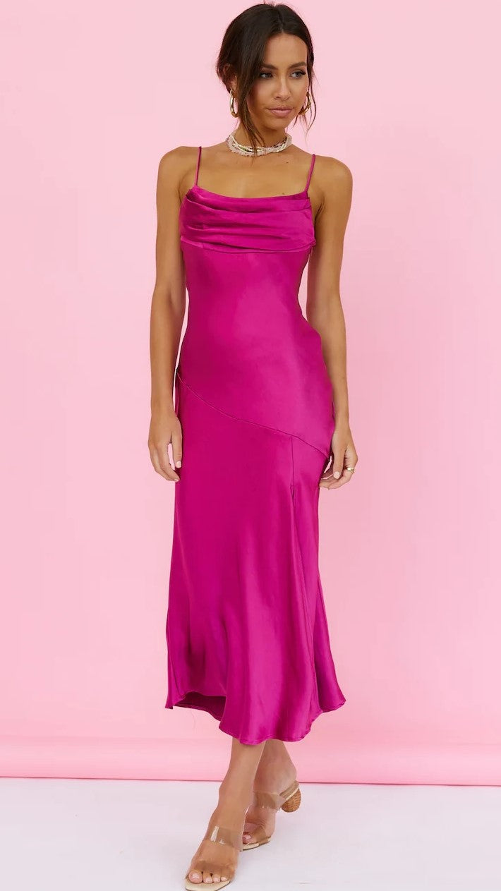 Fuchsia Satin Slip Midi Dress