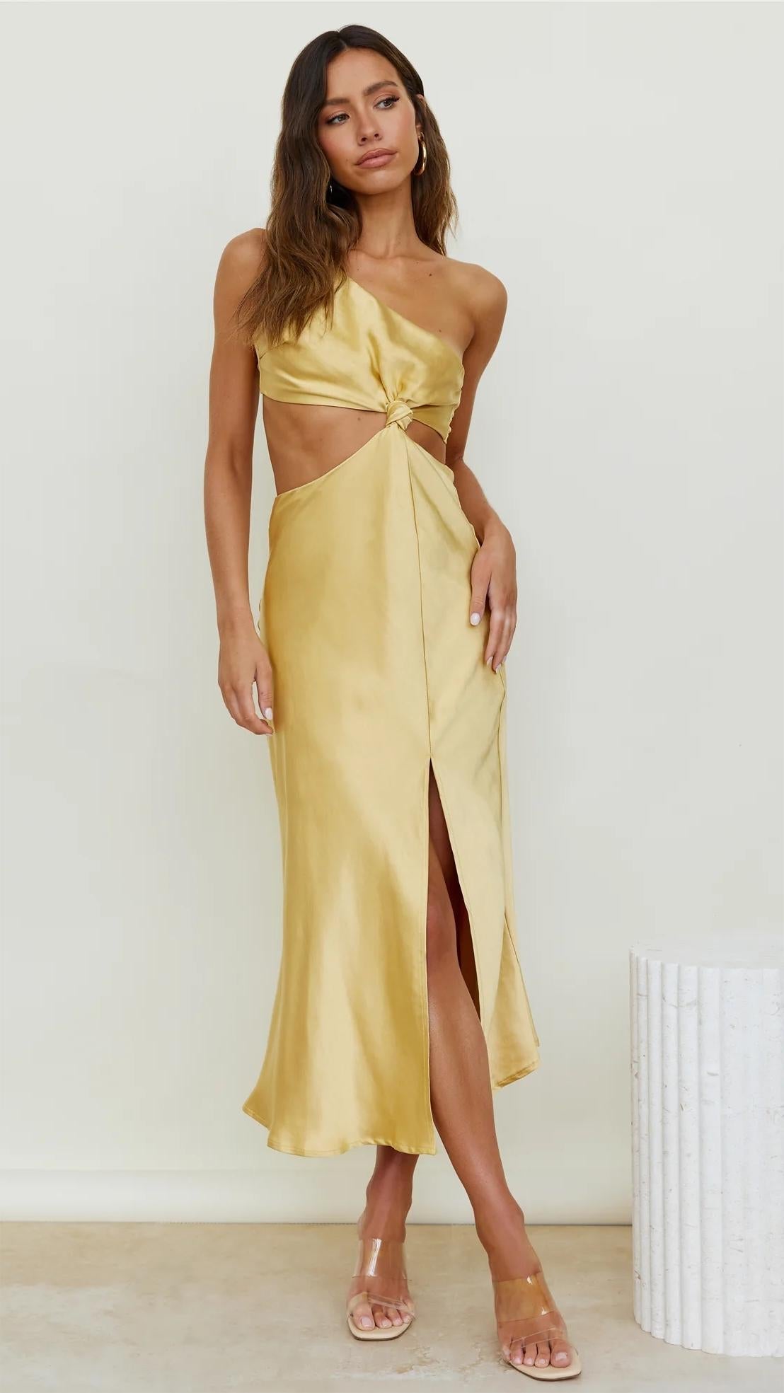 Yellow Satin Midi Dress