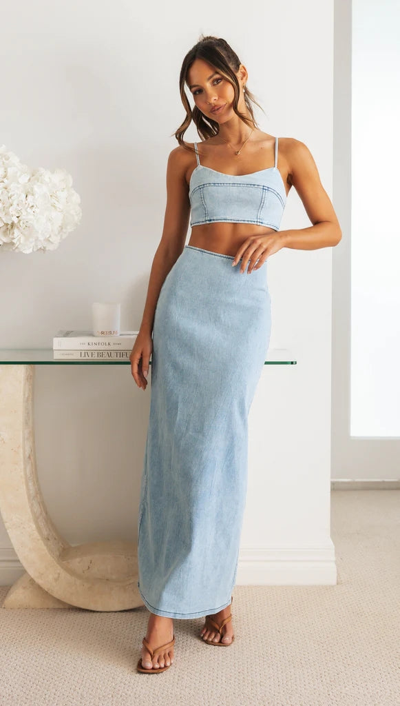 Light Blue Denim Midi Skirts