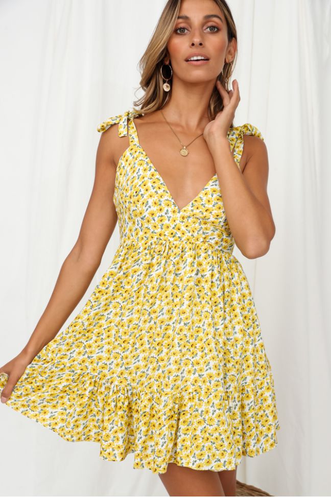 Sunflower Print Shoulder-Tie Slip Dress