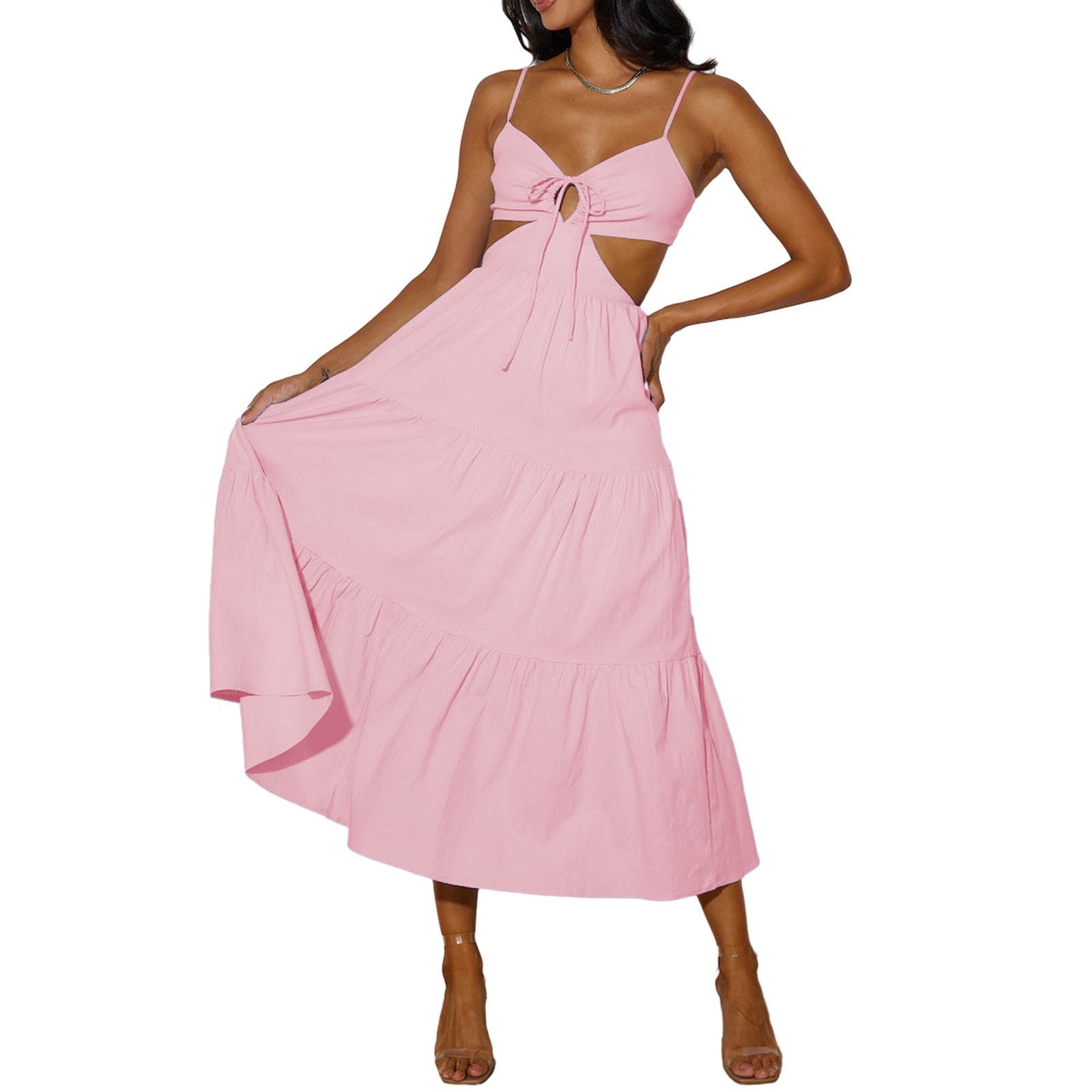 Pink Front Twist Slip Midi Dress