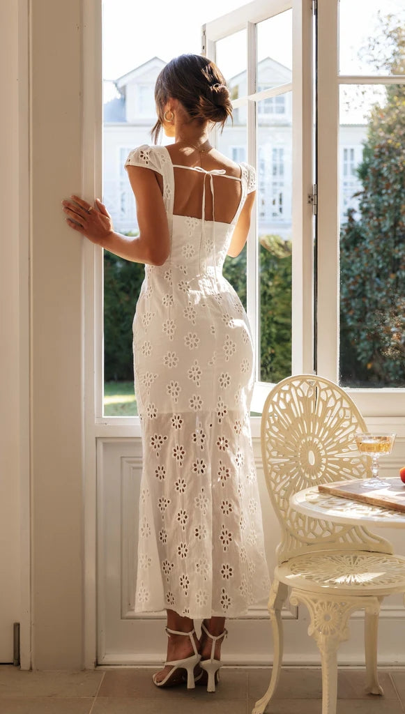 White Crochet Lace Midi Dress