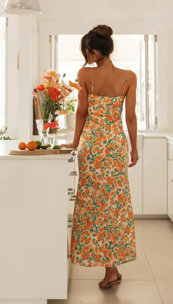 Orange Floral Sleeveless Midi Dress