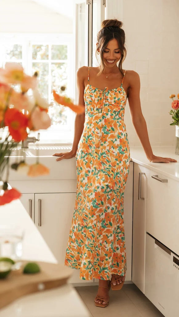 Orange Floral Sleeveless Midi Dress