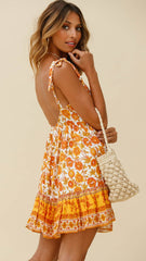 Orange Floral Shoulder-Tie Sun Dress