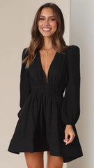 Black Deep V Neck Mini Dress