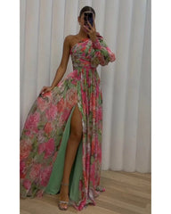 floral one shoulder sexy long-sleeved dress