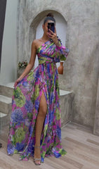 floral one shoulder sexy long-sleeved dress