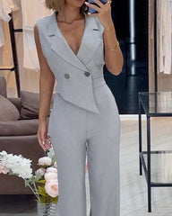 Lapel collar solid color jumpsuit suit