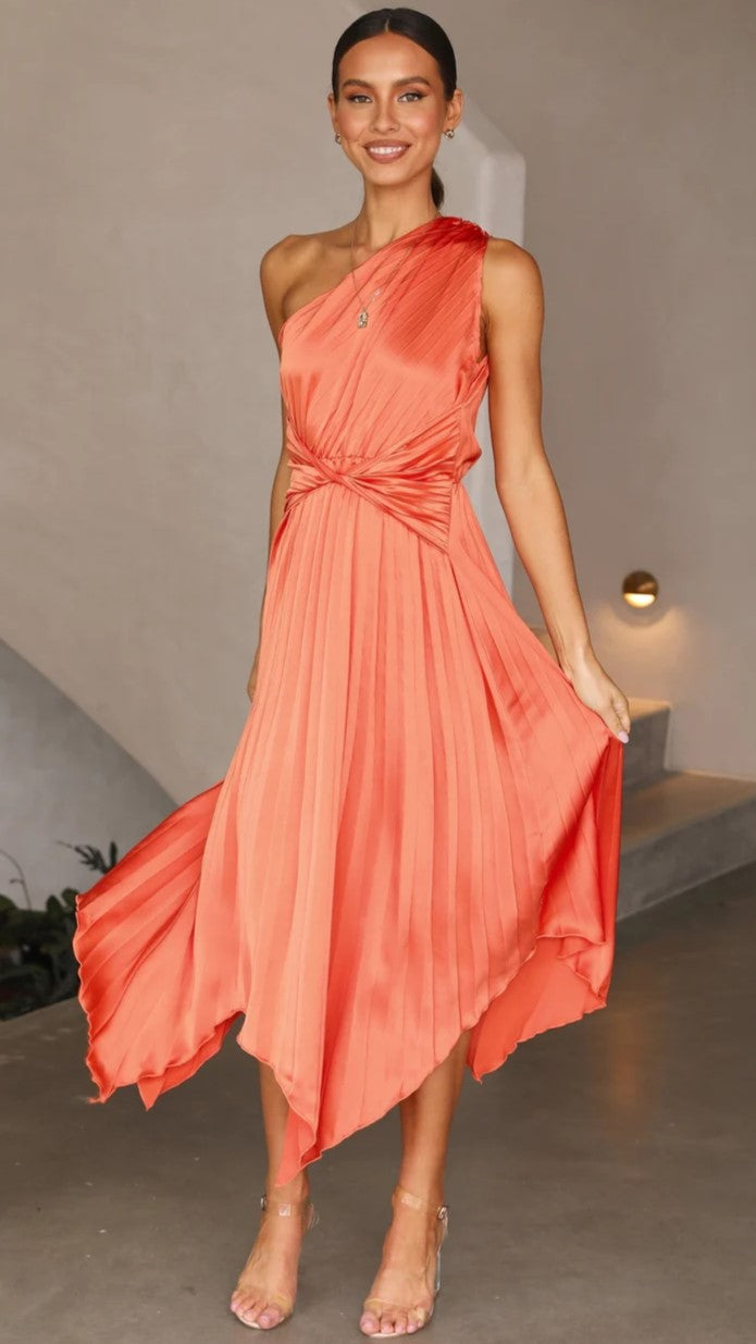 Orange One Shoulder Midi Dress