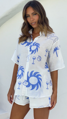 Blue Sun Print Shirt and Shorts Matching Sets