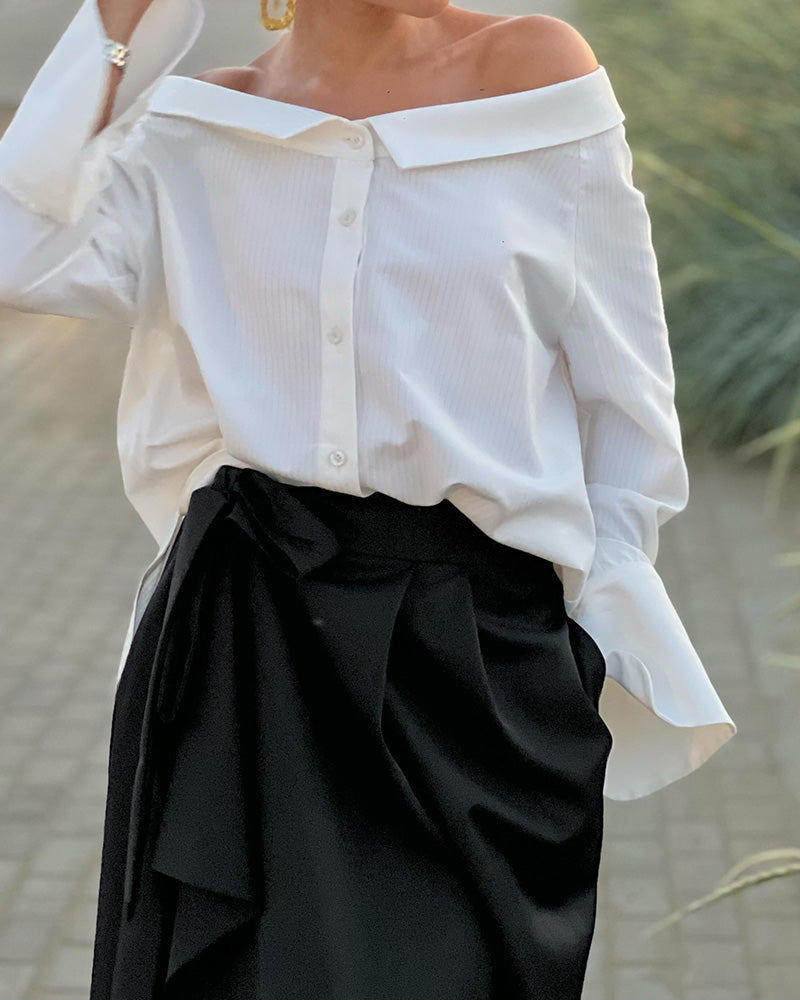 Long Sleeve Off Shoulder Top Skirt Two Piece Suit