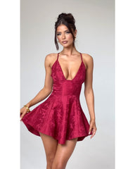 2024ss red sexy halter deep V dress