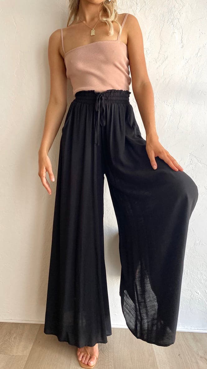 Black Solid Wide-Leg Casual Pants