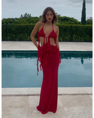 2024ss red sexy halter wispy dress