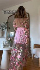 Pink Floral Deep V sexy long-sleeved dress