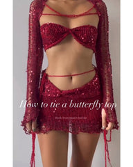 Red Knitted Sequins Two Piece Set