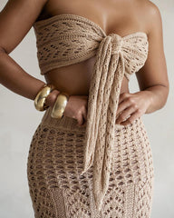 Khaki Knit Bandeau Sweater Skirt Set