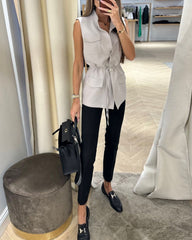 Lapel sleeveless solid color two piece set