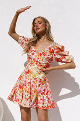 Orange Floral Puff Sleeves Mini Dress