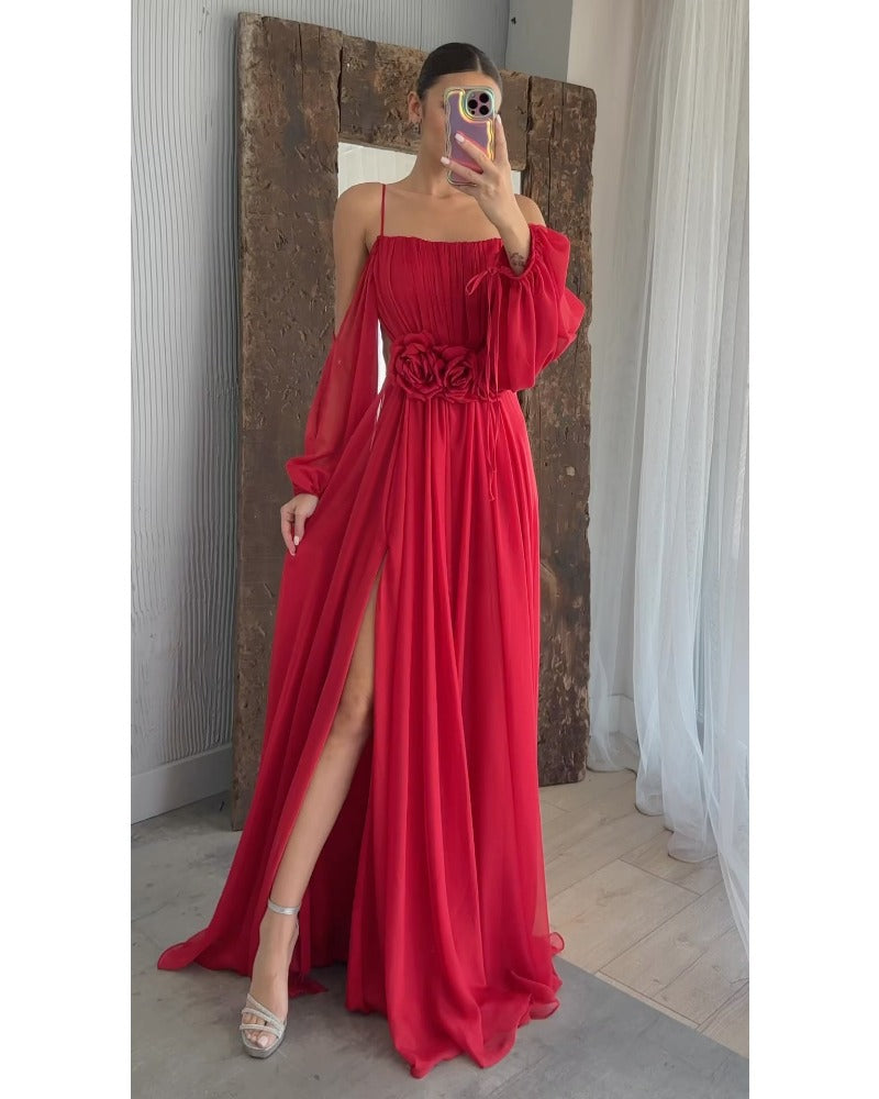 Red sexy halter split dress dress