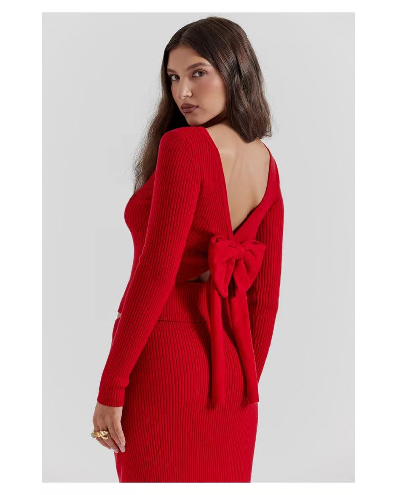 Red sexy bow halter suit skirt dress