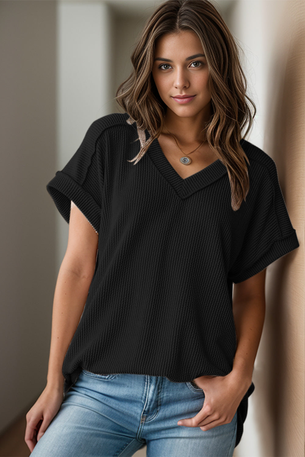 Textured V-Neck Short Sleeve Top