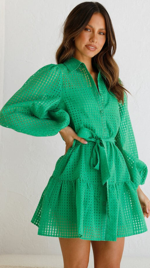 Green Solid Long Sleeves Shirt Dress