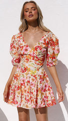 Orange Floral Puff Sleeves Mini Dress