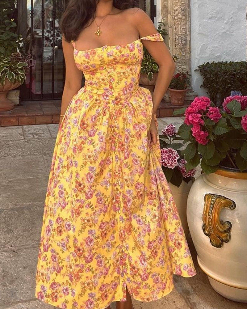 French Floral Print Sexy Long Dress