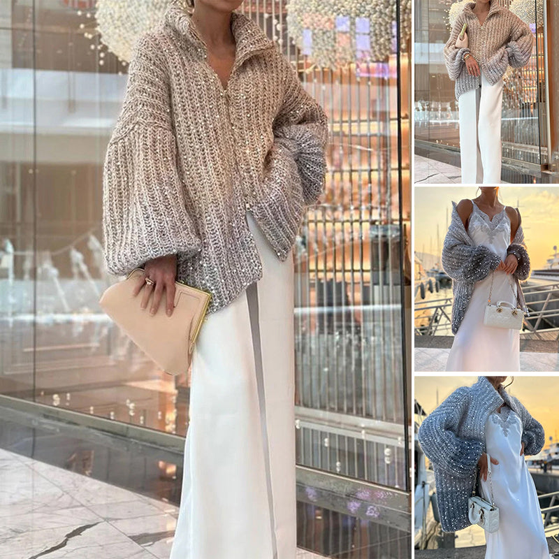 Knitted sweater jacket with plain sequins