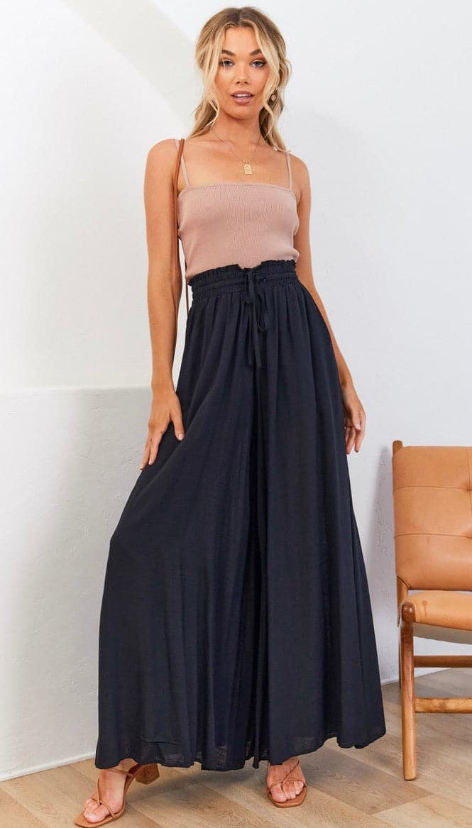 Black Solid Wide-Leg Casual Pants