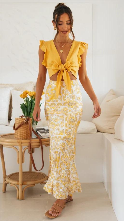 Yellow Floral Midi Skirts