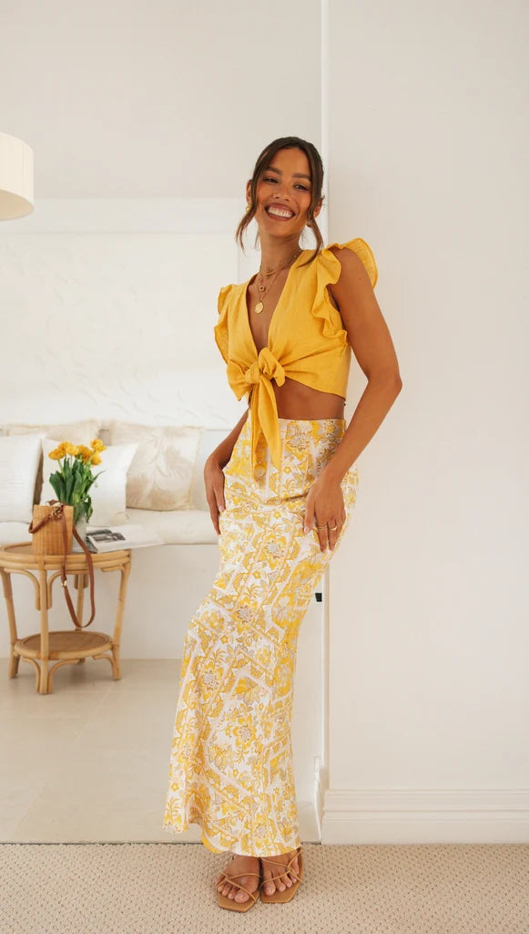 Yellow Floral Midi Skirts