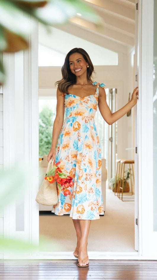 Orange Floral Shoulder Tie Midi Dress