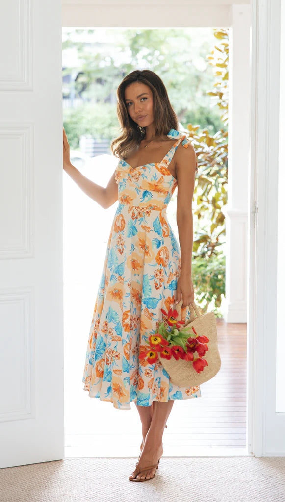 Orange Floral Shoulder Tie Midi Dress