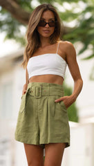 Olive Green Belted Shorts