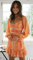 Orange Floral Long Sleeves Dress