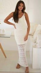 Beigec Crochet Lace Midi Dress