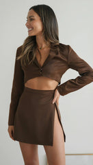 Brown Slit Mini Skirt