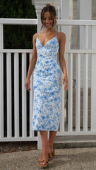 Pastel Blue Floral Slip Midi Dress
