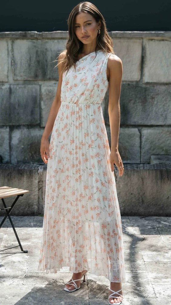 Orange Floral One Shoulder Midi Dress