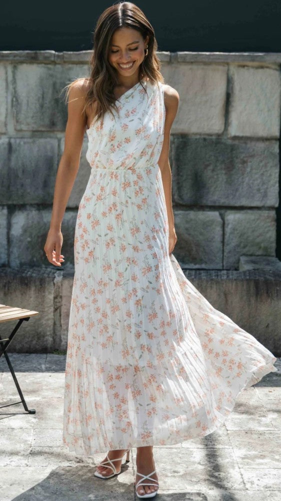 Orange Floral One Shoulder Midi Dress