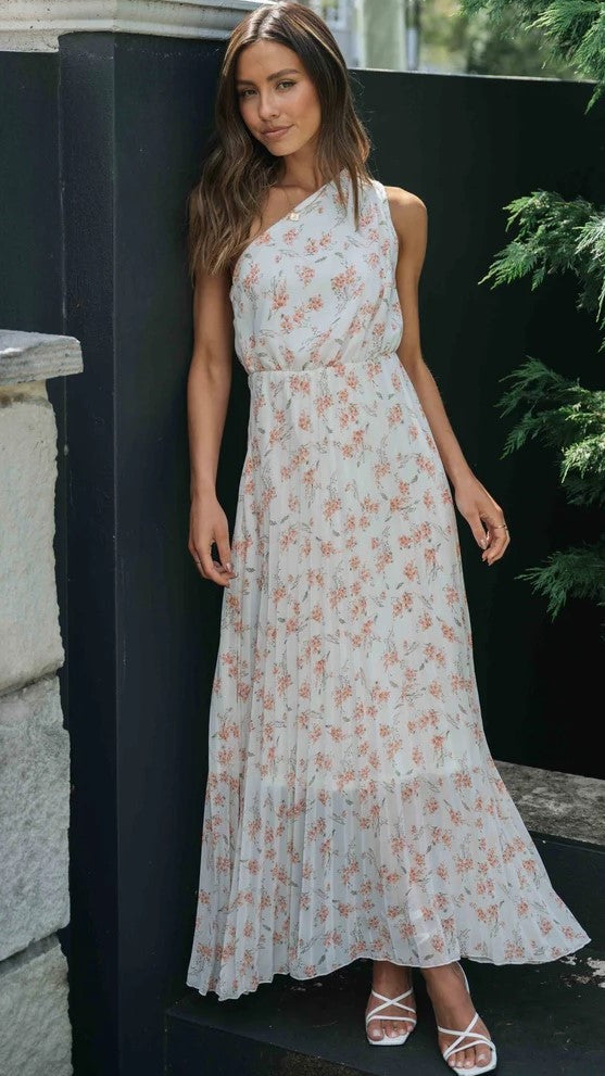 Orange Floral One Shoulder Midi Dress