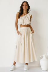 Beige One Shoulder Top and Skirt Sets